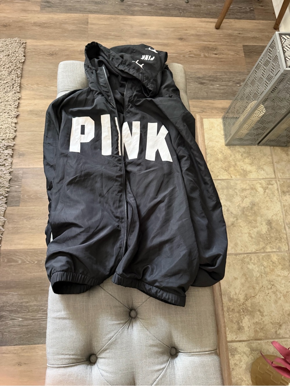 PINK Victoria's Secret Black Hooded Puffer with White Logo